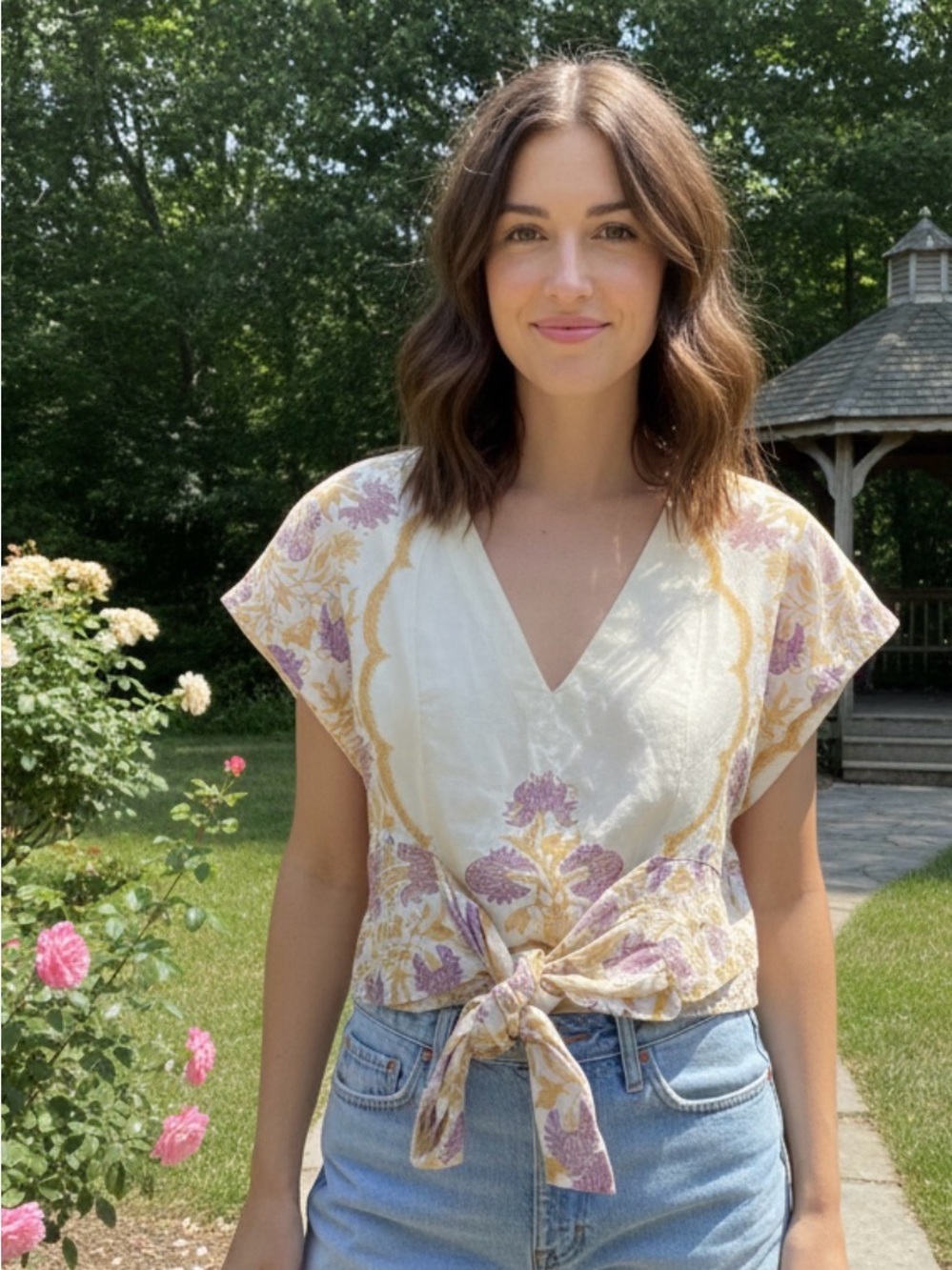 Free People Cream Tie-Front Crop Top with Lavender and Gold Floral Print